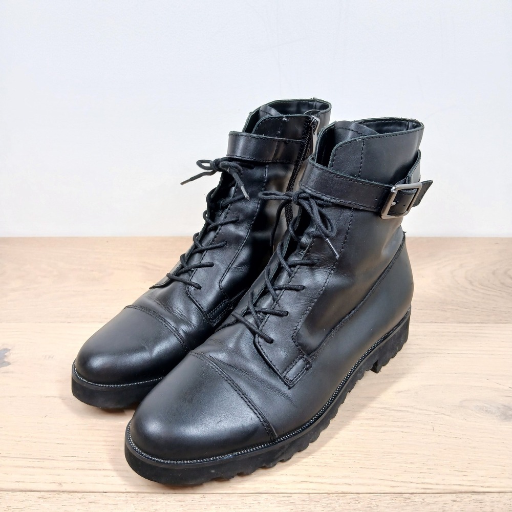 Franco Sarto Black Leather Combat Boots Ankle Buckle Strap Lug Sole Cap Toe